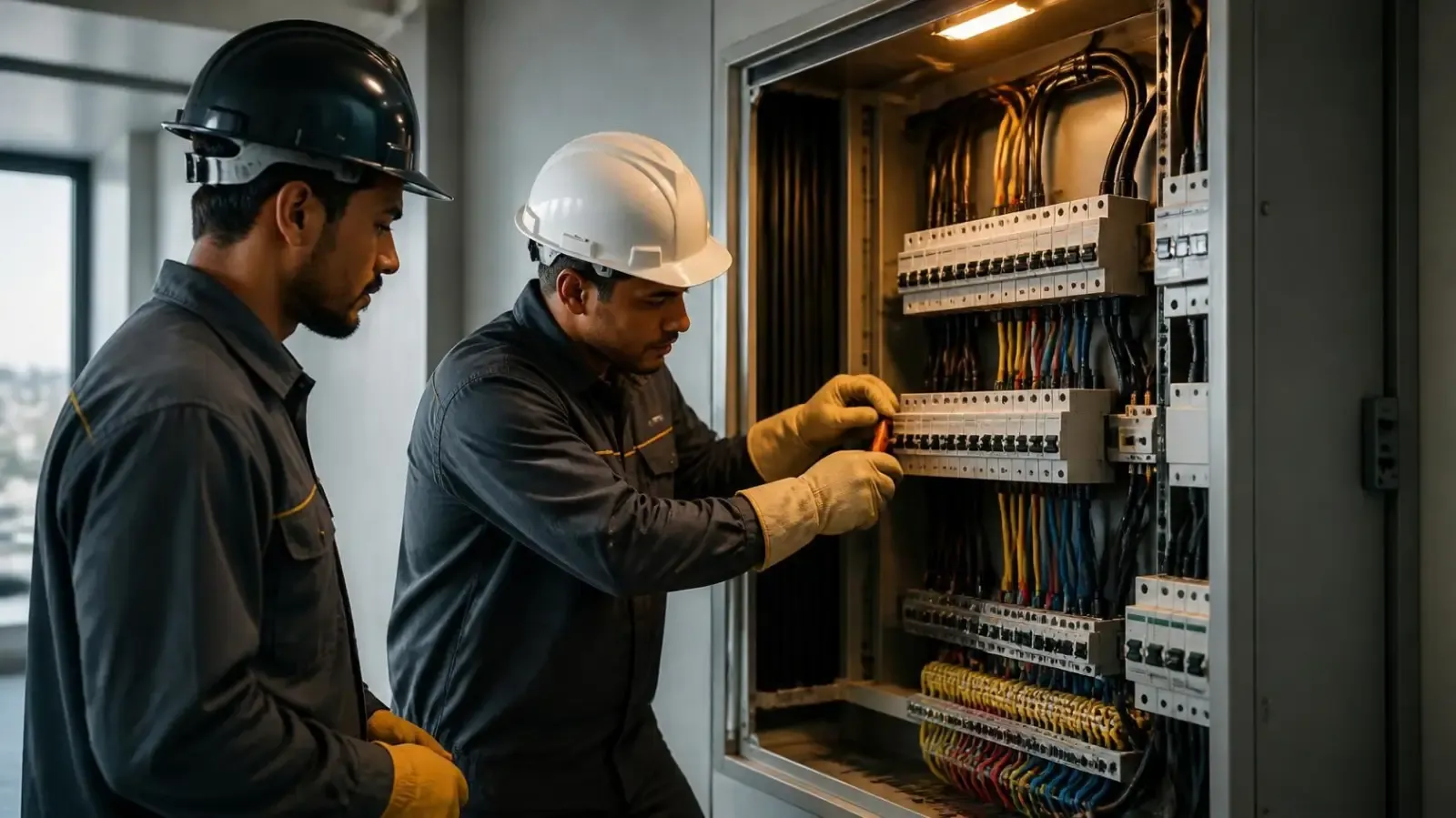 Dois eletricistas uniformizados trabalhando em um quadro de distribuição organizado